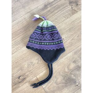 SMILEY vintage vtg 100% wool tassel beanie hat ski winter cap tassel flap purple